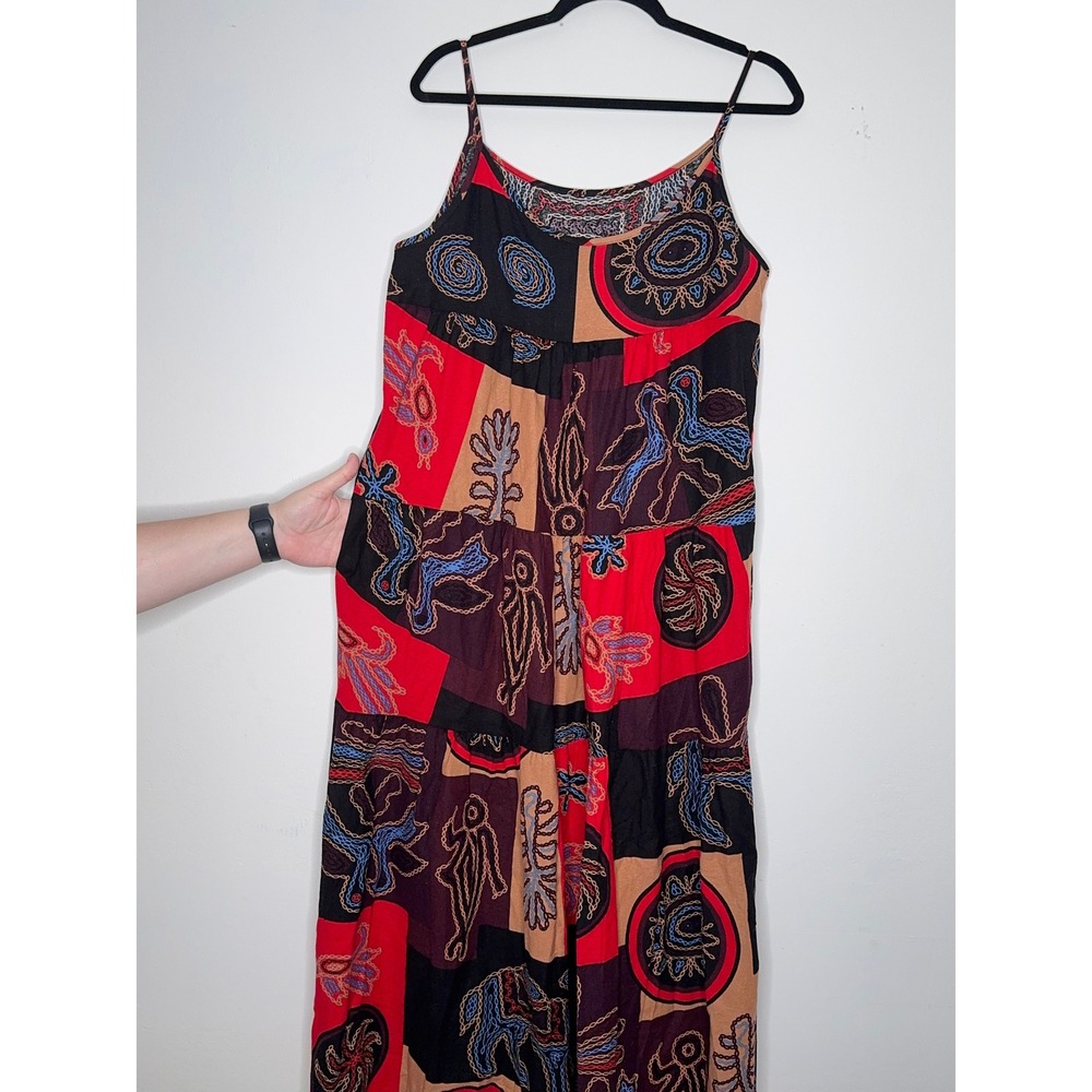 Boho Patchwork Tiered Maxi Dress Red Black Animal Print Pockets Large - Picture 3 of 6